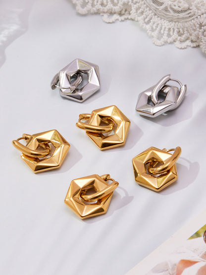 Stainless Steel Hexagon Hoop Earrings – Geometric Vintage Minimalist Earrings for Women, High-End Fashion Jewelry