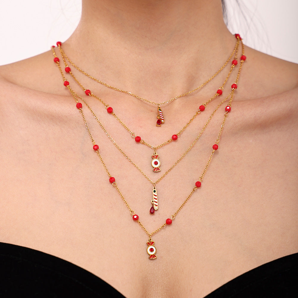 Gold Stainless Steel Christmas Candy Apple Multi-Layer Necklace, Bracelet & Asymmetric Earrings – Holiday Jewelry Gift Set