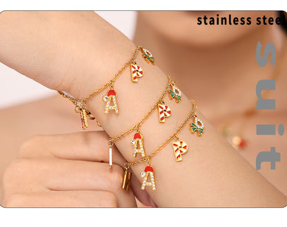 Gold Stainless Steel “HAPPY” Christmas Necklace, Bracelet & Earrings Set | Festive Gift Jewelry for Women