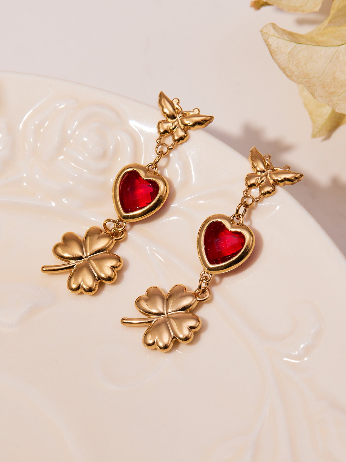3D Butterfly & Clover Dangle Earrings with Heart Cubic Zirconia | Fashion Drop Earrings Set