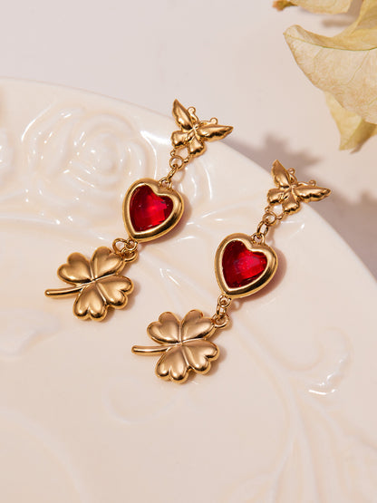 3D Butterfly & Clover Dangle Earrings with Heart Cubic Zirconia | Fashion Drop Earrings Set