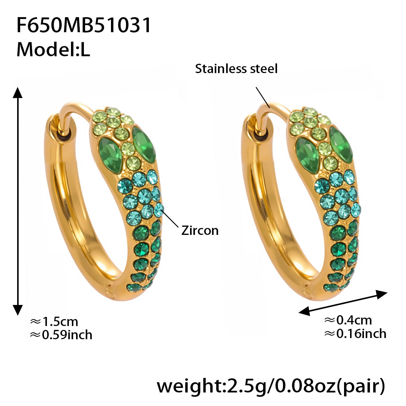 Colorful Zircon Snake Hoop Earrings | Stainless Steel Serpent Earrings Set – WANTI Jewelry