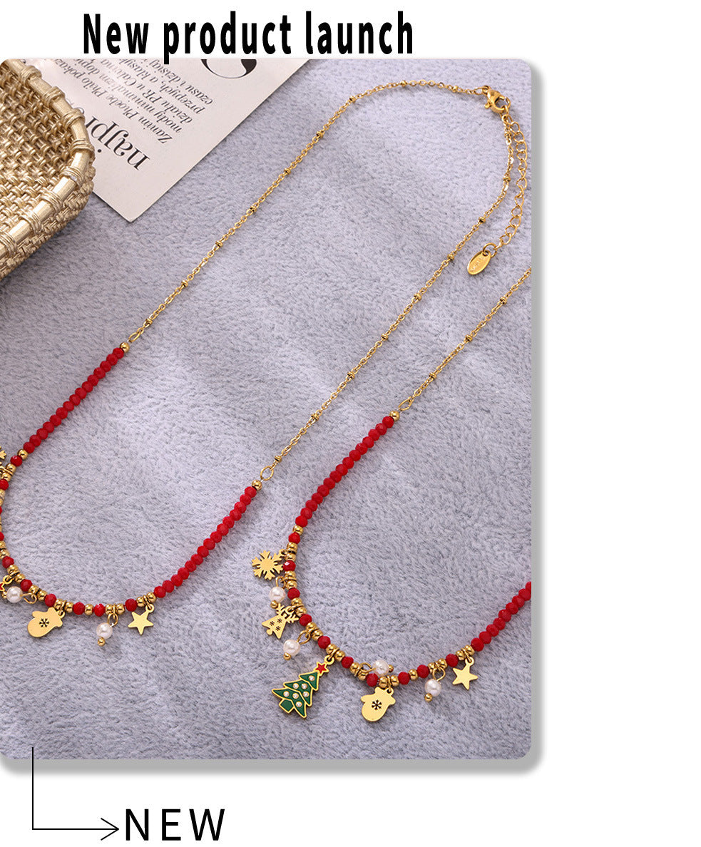 Gold Stainless Steel Christmas Tree Star Snowflake Pendant Necklace | Festive Zircon Holiday Jewelry Gift