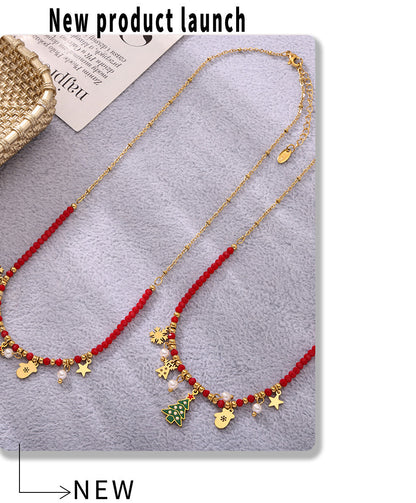 Gold Stainless Steel Christmas Tree Star Snowflake Pendant Necklace | Festive Zircon Holiday Jewelry Gift