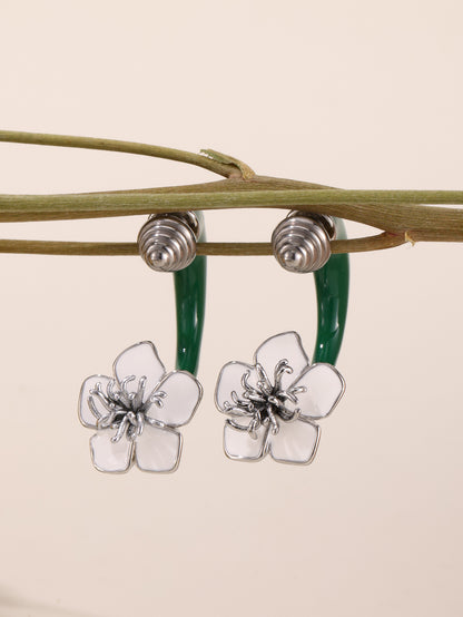 Enamel Camellia Screw Earrings – Elegant Double-Sided Stainless Steel Floral Earrings for Women