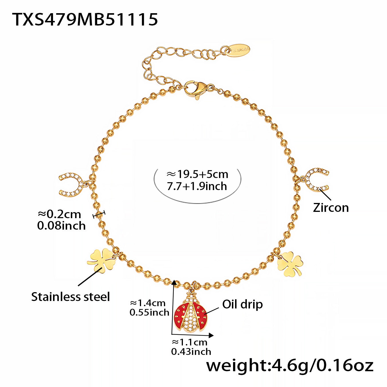 Ladybug Pendant Necklace & Earrings Bracelet Anklet Set – Stainless Steel Cute Lucky Beetle Jewelry
