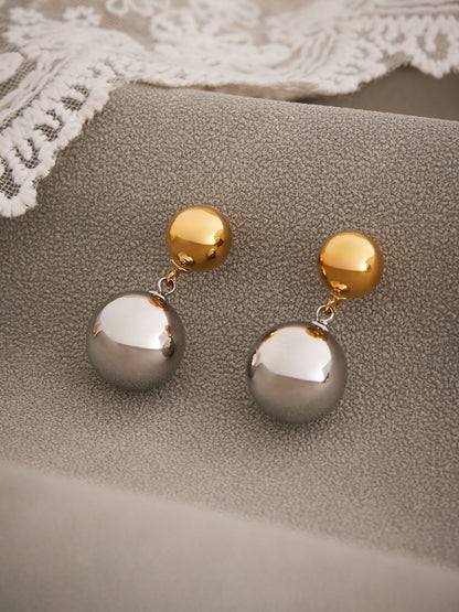 Stainless Steel Two-Tone Ball Drop Earrings – Modern Minimalist Statement Dangle Earrings