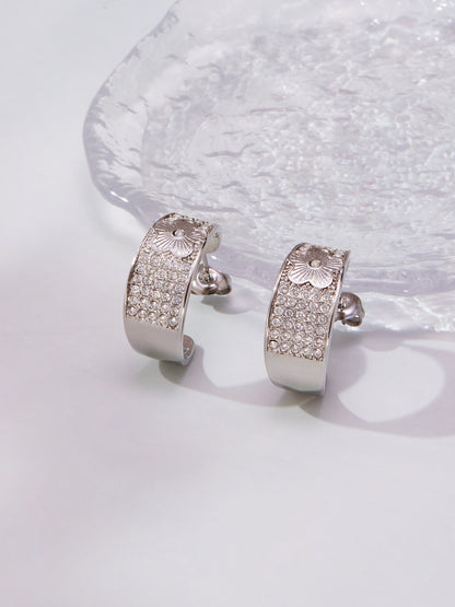 Stainless Steel Five-Petal Flower Zircon Earrings – Elegant Floral Drop Earrings, High-End Fashion Jewelry for Women