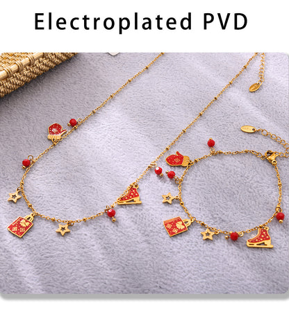 Gold Stainless Steel Garnet Christmas Necklace & Bracelet | Festive Gift Jewelry Set for Women
