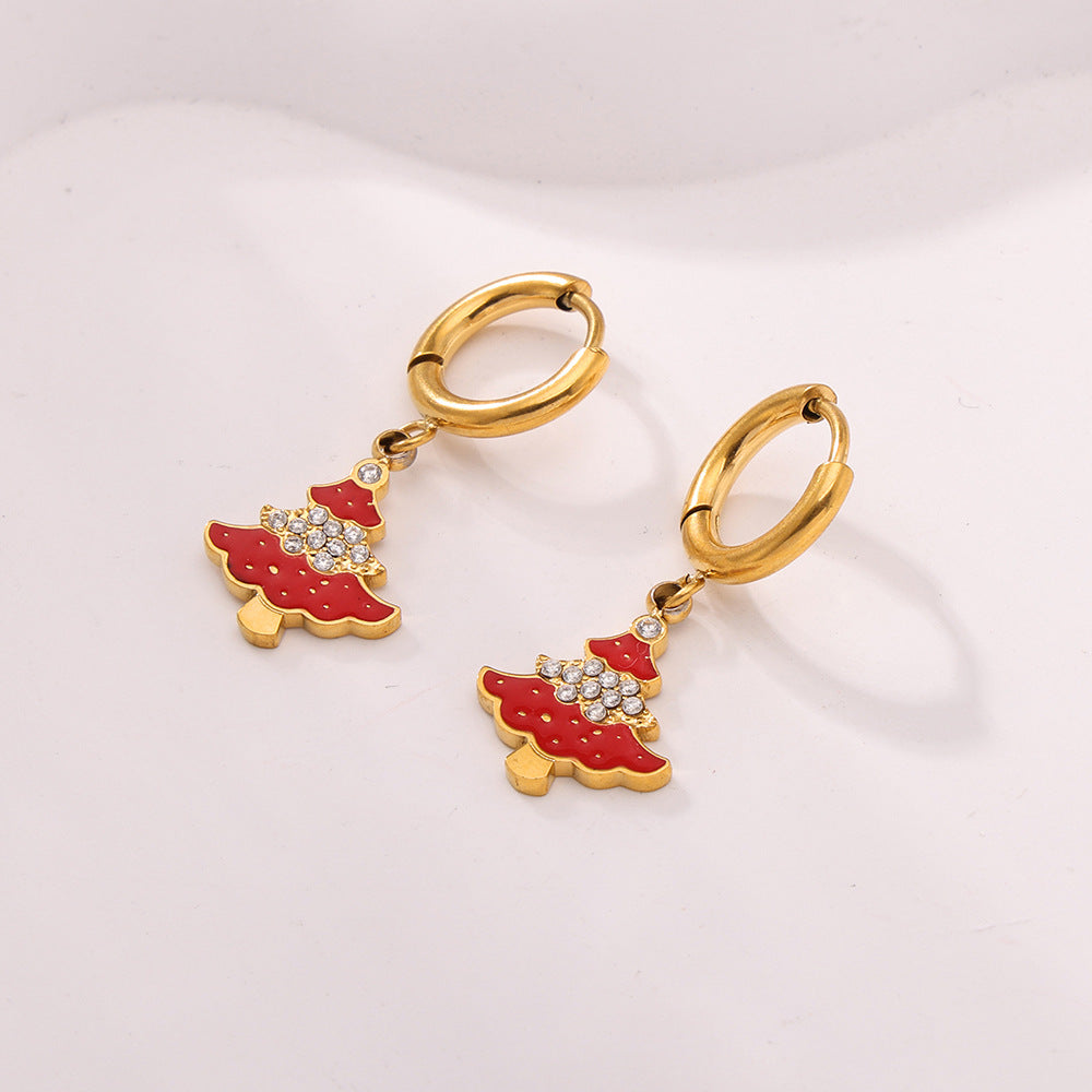 Gold Stainless Steel Christmas Tree Earrings | Zircon & Enamel Drop Hoop Holiday Jewelry – WANTI Jewelry
