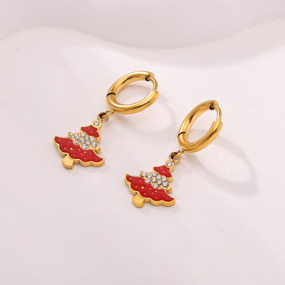 Gold Stainless Steel Christmas Tree Earrings | Zircon & Enamel Drop Hoop Holiday Jewelry – WANTI Jewelry
