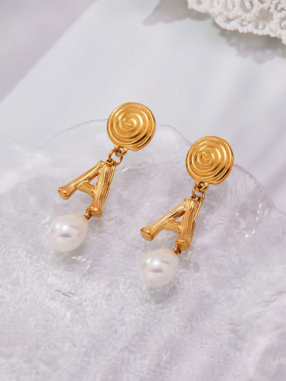 Stainless Steel Letter A Pearl Drop Earrings – Spiral Circle Design | Elegant Statement Earrings for Women