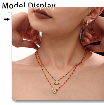 Gold Stainless Steel Christmas Bell & Reindeer Zircon Pendant Necklace | Festive Holiday Jewelry Gift