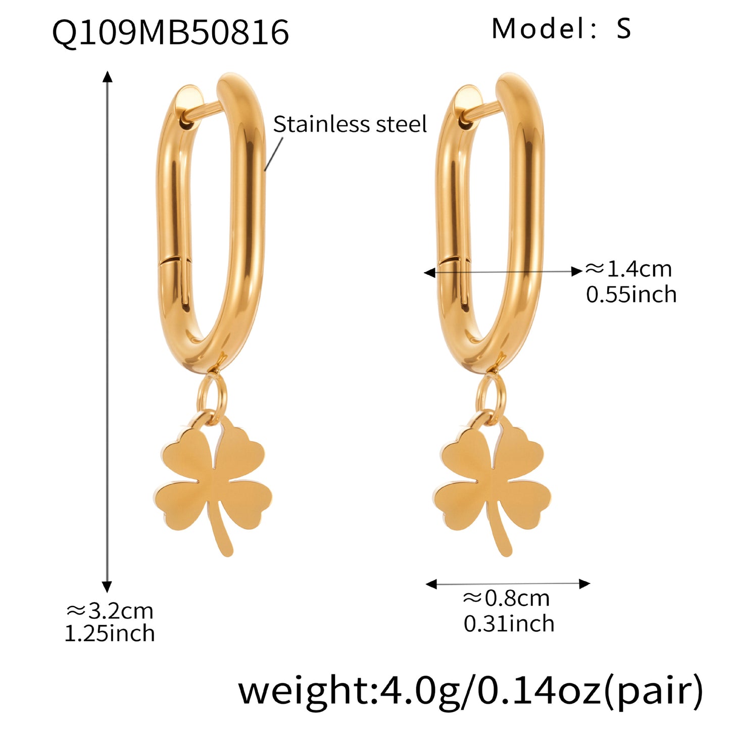 Stainless Steel Zircon Clover Dangle Earrings Set – U-Shaped Hoop Layering Earrings | Lucky Four-Leaf Clover Jewelry Gift for Women