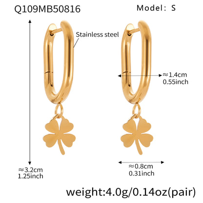Stainless Steel Zircon Clover Dangle Earrings Set – U-Shaped Hoop Layering Earrings | Lucky Four-Leaf Clover Jewelry Gift for Women