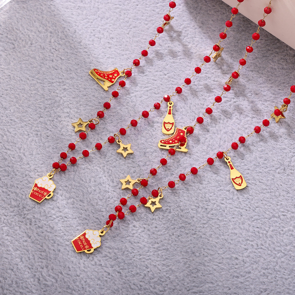 Christmas Ice Skate Star Champagne Pendant Enamel Necklace & Bracelet Set – Gold Plated Stainless Steel Festive Jewelry