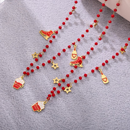 Christmas Ice Skate Star Champagne Pendant Enamel Necklace & Bracelet Set – Gold Plated Stainless Steel Festive Jewelry