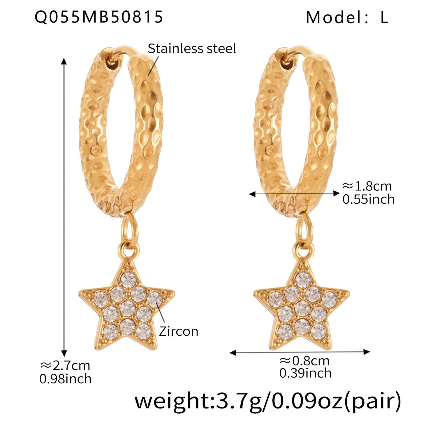 Gold Stainless Steel Five-Pointed Star Zirconia Hoop Earrings Set | Layered Star Earrings | High-Shine Statement Jewelry for Women