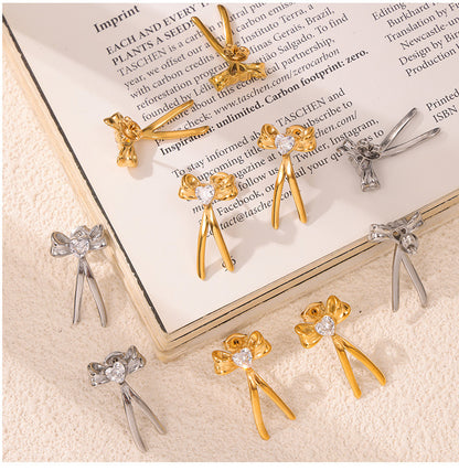 Bow-Knot Earrings with Zircon – Stainless Steel Fashion Jewelry | Cute Elegant Gift for Women | Hypoallergenic Daily Wear