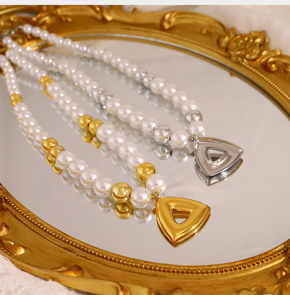 Vintage Pearl Beaded Hollow Triangle Pendant Necklace | 18K Gold & Silver Stainless Steel Elegant Jewelry for Women