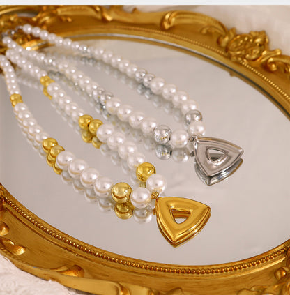 Vintage Pearl Beaded Hollow Triangle Pendant Necklace | 18K Gold & Silver Stainless Steel Elegant Jewelry for Women