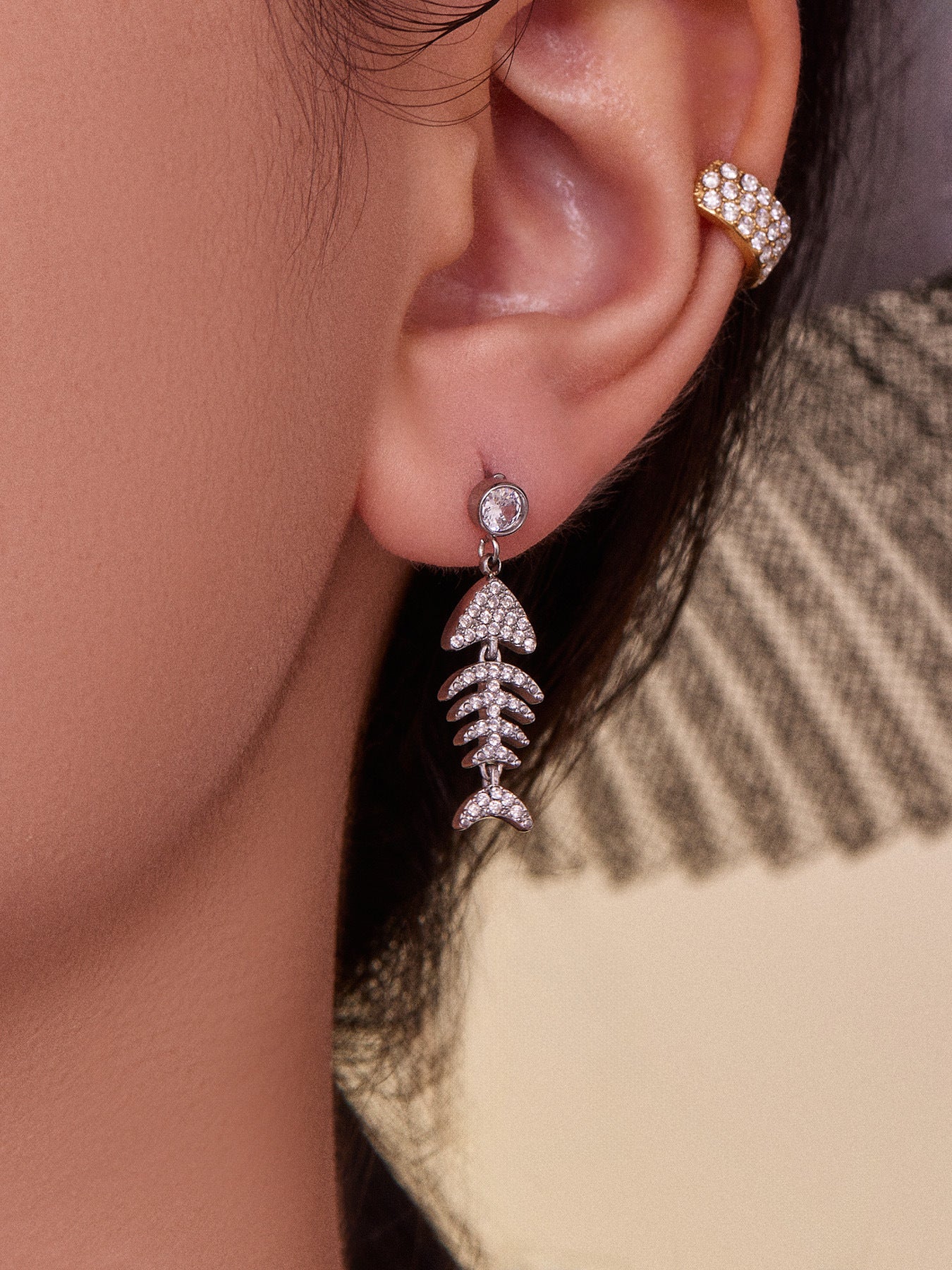 Stainless Steel Fishbone Drop Earrings & Ear Cuff Set – Modern Minimalist Statement Jewelry | WANTI