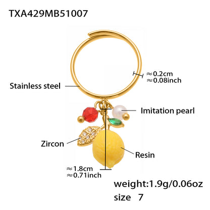Stainless Steel Resin Lemon Zircon Pendant Necklace, Earrings, Bracelet & Ring Jewelry Set