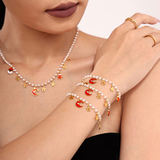 Christmas Santa Hat Star Gloves Pendant Necklace & Bracelet Set – Gold Plated Stainless Steel with Faux Pearl & Enamel