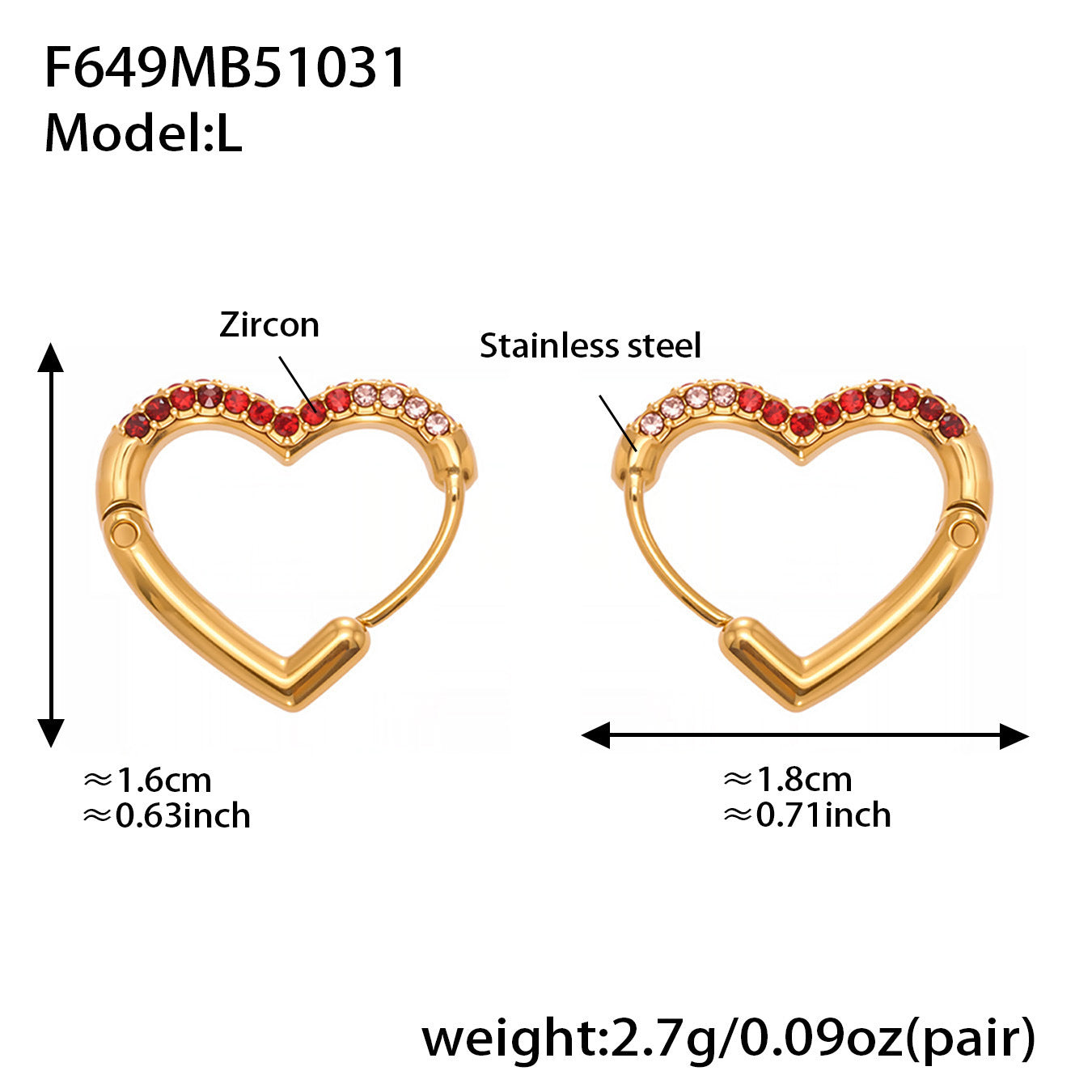 Colorful Cubic Zirconia Heart Hoop Earrings Set | Stainless Steel Simple Chic Ear Cuff for Women
