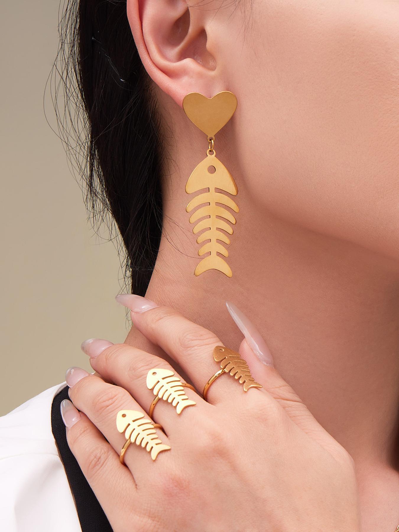 Hollow Fishbone Heart Necklace, Earrings & Ring Set – Long Sweater Chain Jewelry, Fashion Statement Set for Women