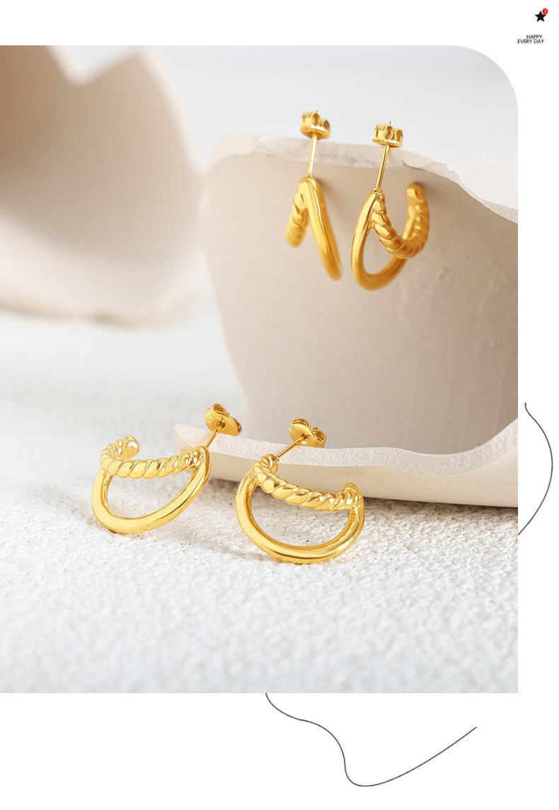 Double Layer C-Shaped Stainless Steel Hoop Earrings – Minimalist Thick Chunky Huggie Hoops for Women, Trendy Daily Jewelry