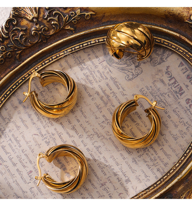 Twisted Rope Hoop Earrings – Vintage Gold Stainless Steel Chunky Ear for Women