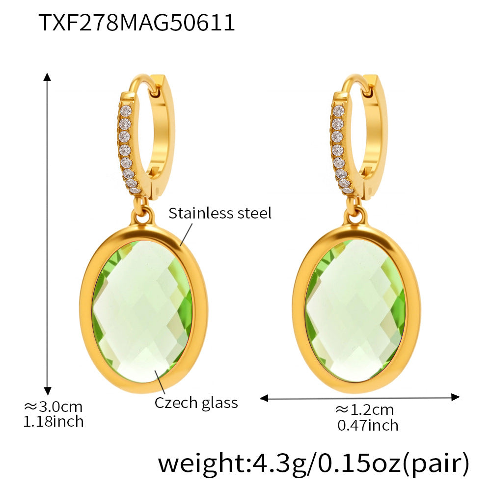 Colorful Oval Glass Stone Stainless Steel Drop Earrings – Elegant Lightweight Statement Jewelry | WANTI Jewelry