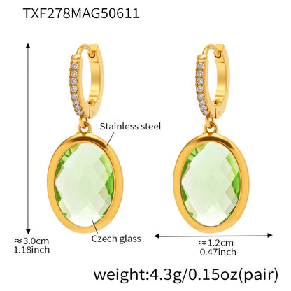 Colorful Oval Glass Stone Stainless Steel Drop Earrings – Elegant Lightweight Statement Jewelry | WANTI Jewelry