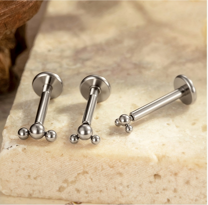 ASTM F136 Titanium Triple Bead Threadless Labret Stud – Push Pin Flat Back Cartilage & Lip Piercing
