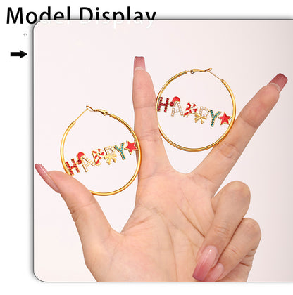 Gold Stainless Steel “HAPPY” Christmas Necklace, Bracelet & Earrings Set | Festive Gift Jewelry for Women