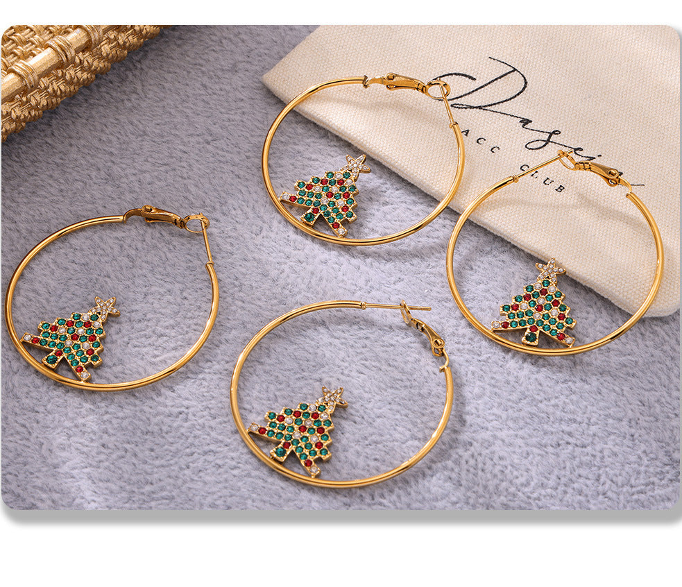 Gold Stainless Steel Christmas Tree Zircon Hoop Earrings | Festive Statement Jewelry for Holiday Style – WANTI Jewelry