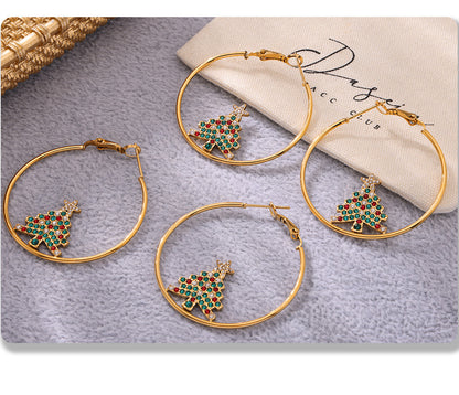 Gold Stainless Steel Christmas Tree Zircon Hoop Earrings | Festive Statement Jewelry for Holiday Style – WANTI Jewelry