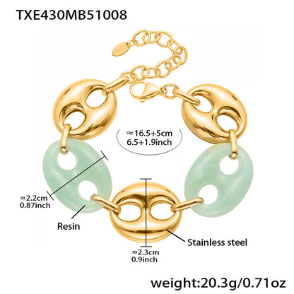 Colorful Resin Pig Nose Pendant Jewelry Set – Stainless Steel Necklace, Bracelet & Earrings | Trendy Chunky Chain Fashion Accessories