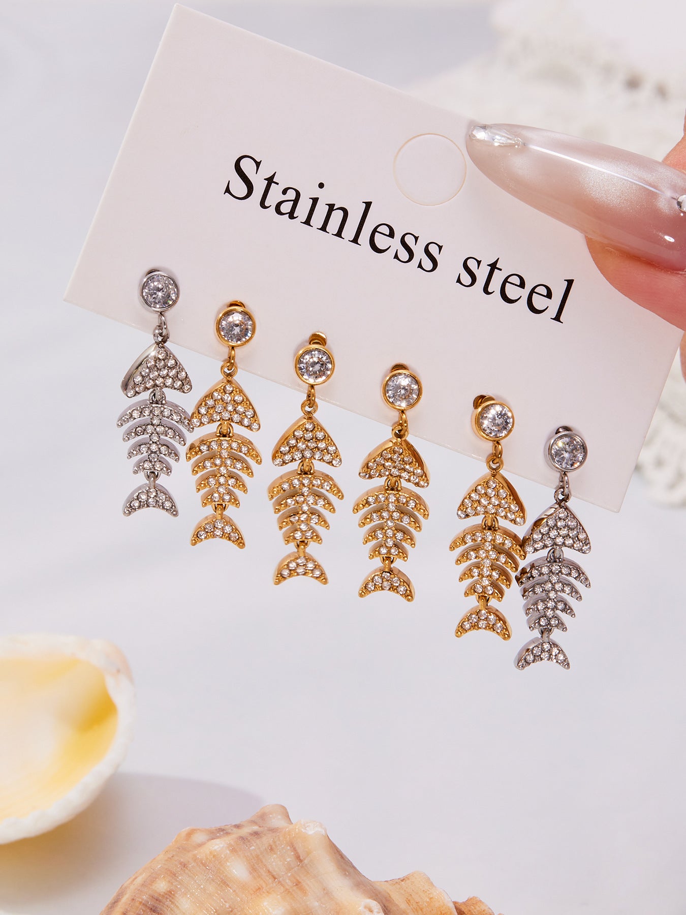 Stainless Steel Fishbone Drop Earrings & Ear Cuff Set – Modern Minimalist Statement Jewelry | WANTI