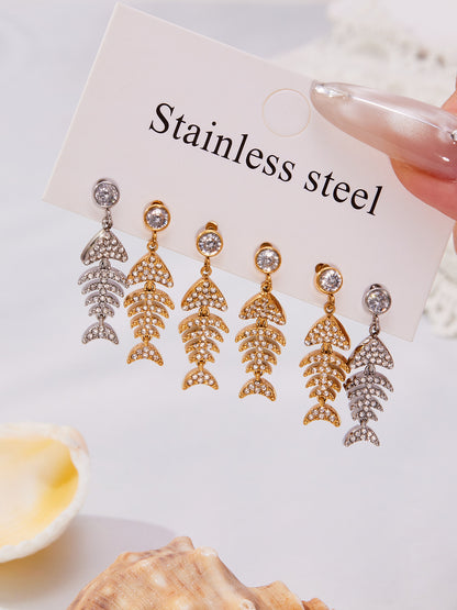 Stainless Steel Fishbone Drop Earrings & Ear Cuff Set – Modern Minimalist Statement Jewelry | WANTI