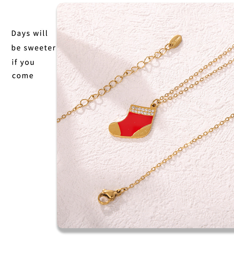 Gold Stainless Steel Christmas Red Sock Pendant Necklace | Festive Holiday Zircon Jewelry Gift