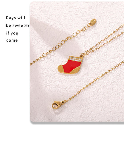 Gold Stainless Steel Christmas Red Sock Pendant Necklace | Festive Holiday Zircon Jewelry Gift
