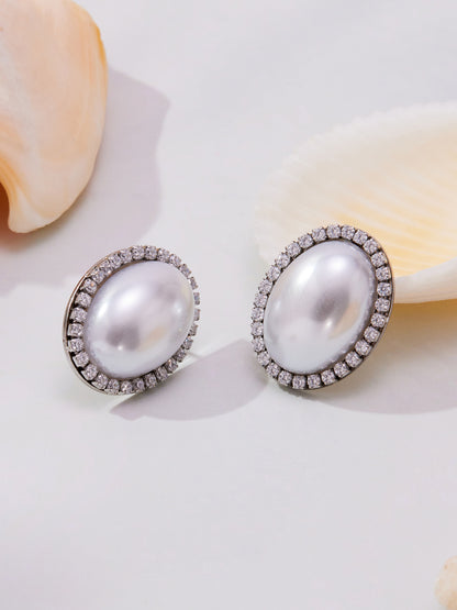 Stainless Steel Oval Pearl Zircon Earrings – Elegant Minimalist Drop Earrings for Women | High-End Fashion Jewelry