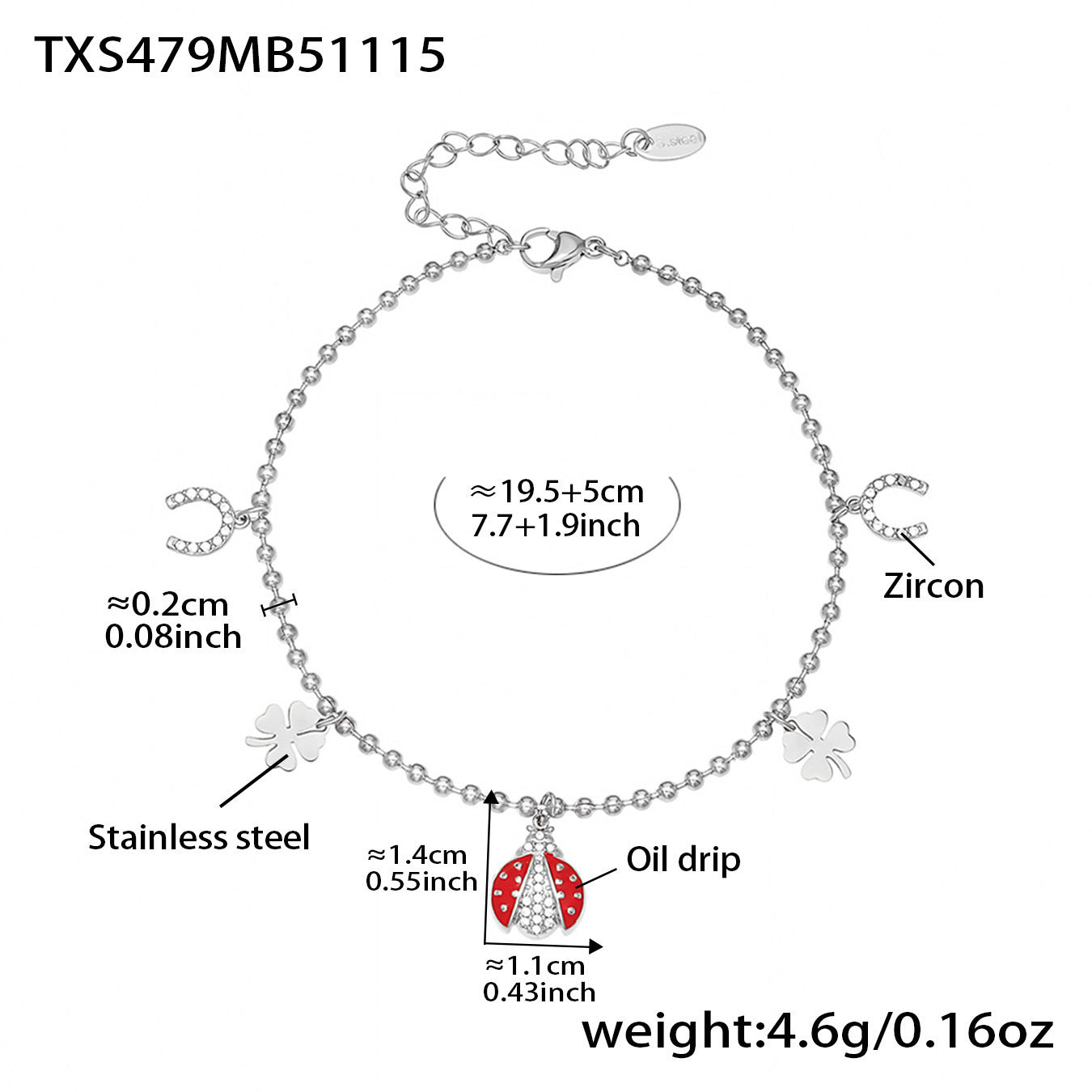 Ladybug Pendant Necklace & Earrings Bracelet Anklet Set – Stainless Steel Cute Lucky Beetle Jewelry