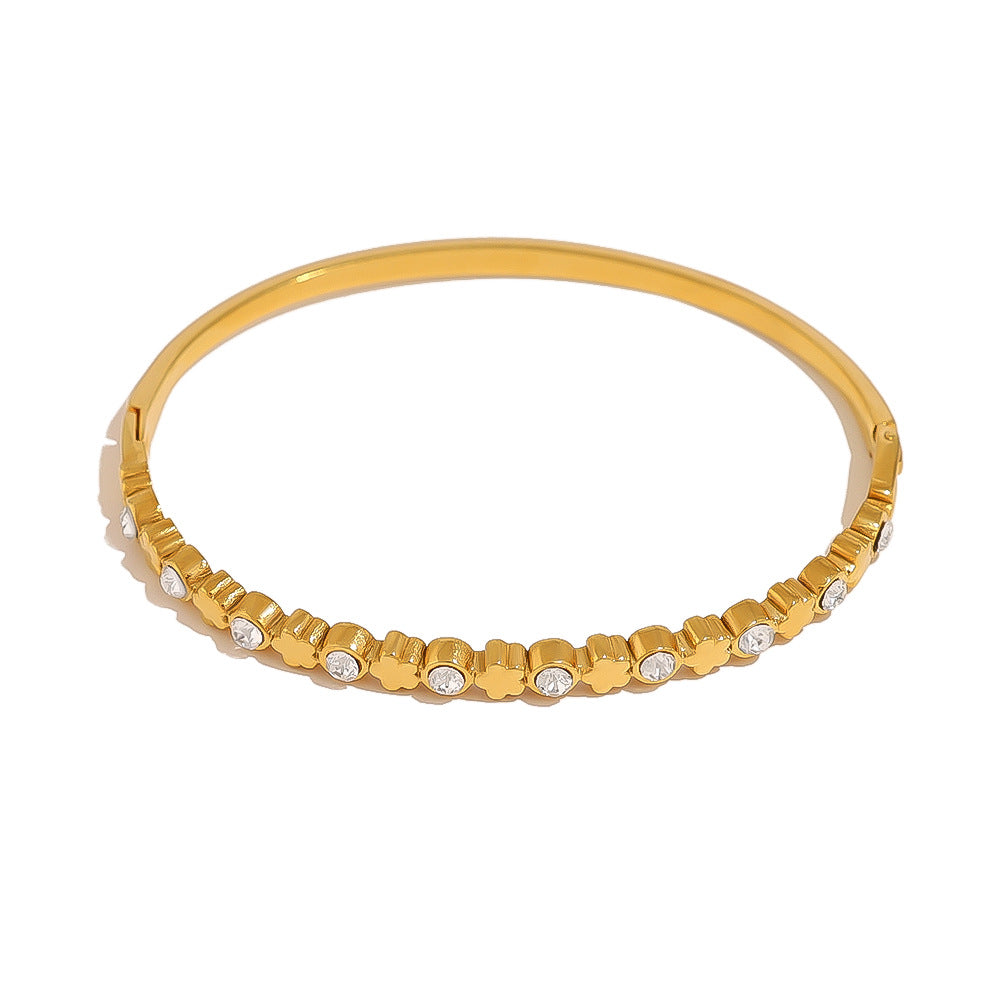 18K Gold Plated Stainless Steel Crystal Heart & Star Bangle Bracelet | Elegant Narrow Edge Cuff Jewelry for Women