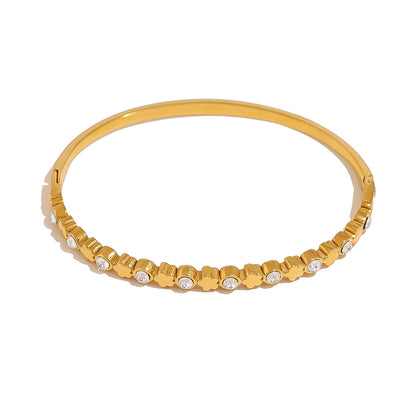 18K Gold Plated Stainless Steel Crystal Heart & Star Bangle Bracelet | Elegant Narrow Edge Cuff Jewelry for Women