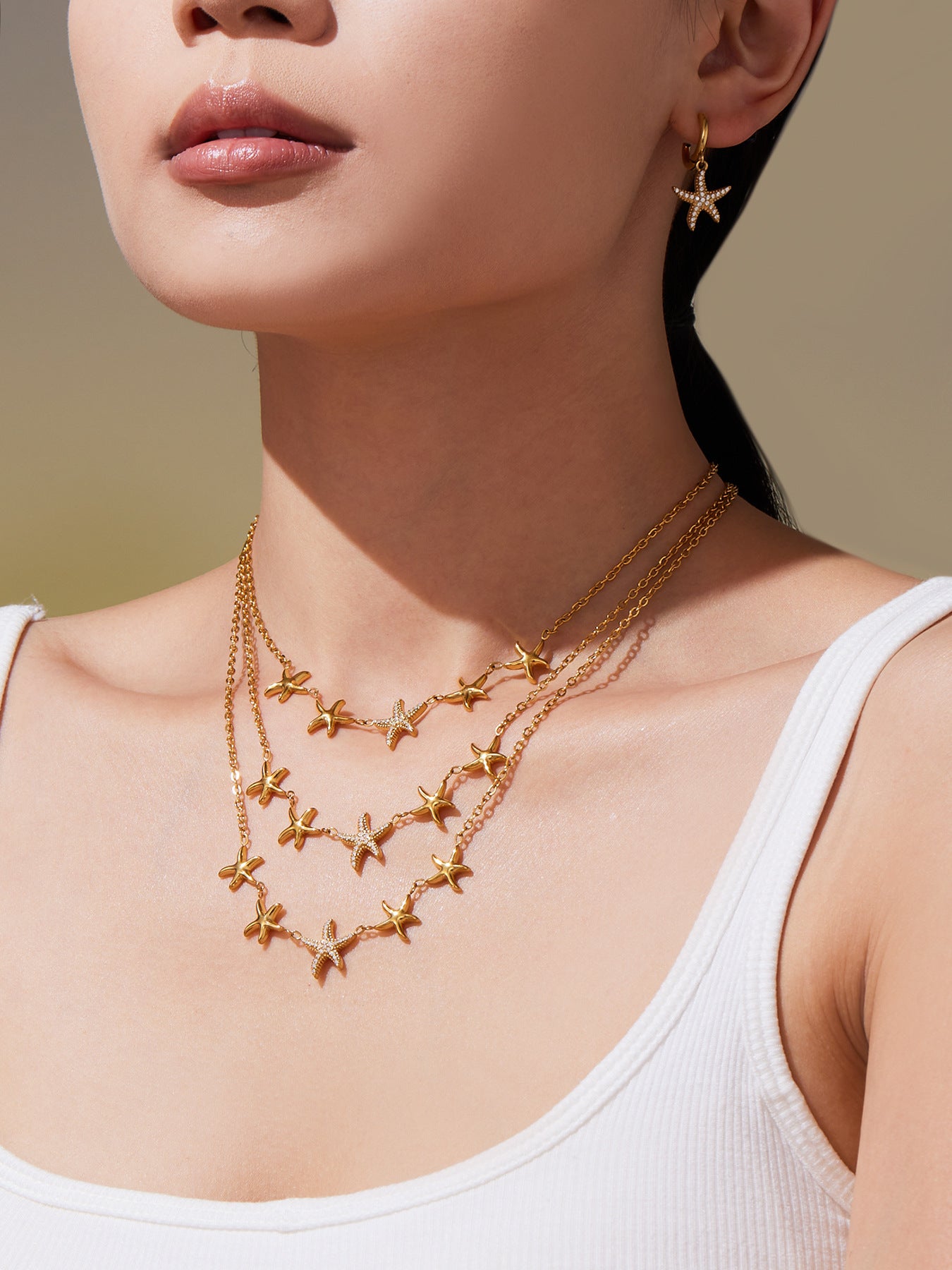 Ocean Star Pendant Necklace, Bracelet, Earrings & Ring Jewelry Set - Gold Stainless Steel