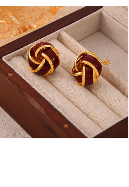Vintage Weight Enamel Zircon Stud Earrings Set - Gold Stainless Steel Retro Jewelry