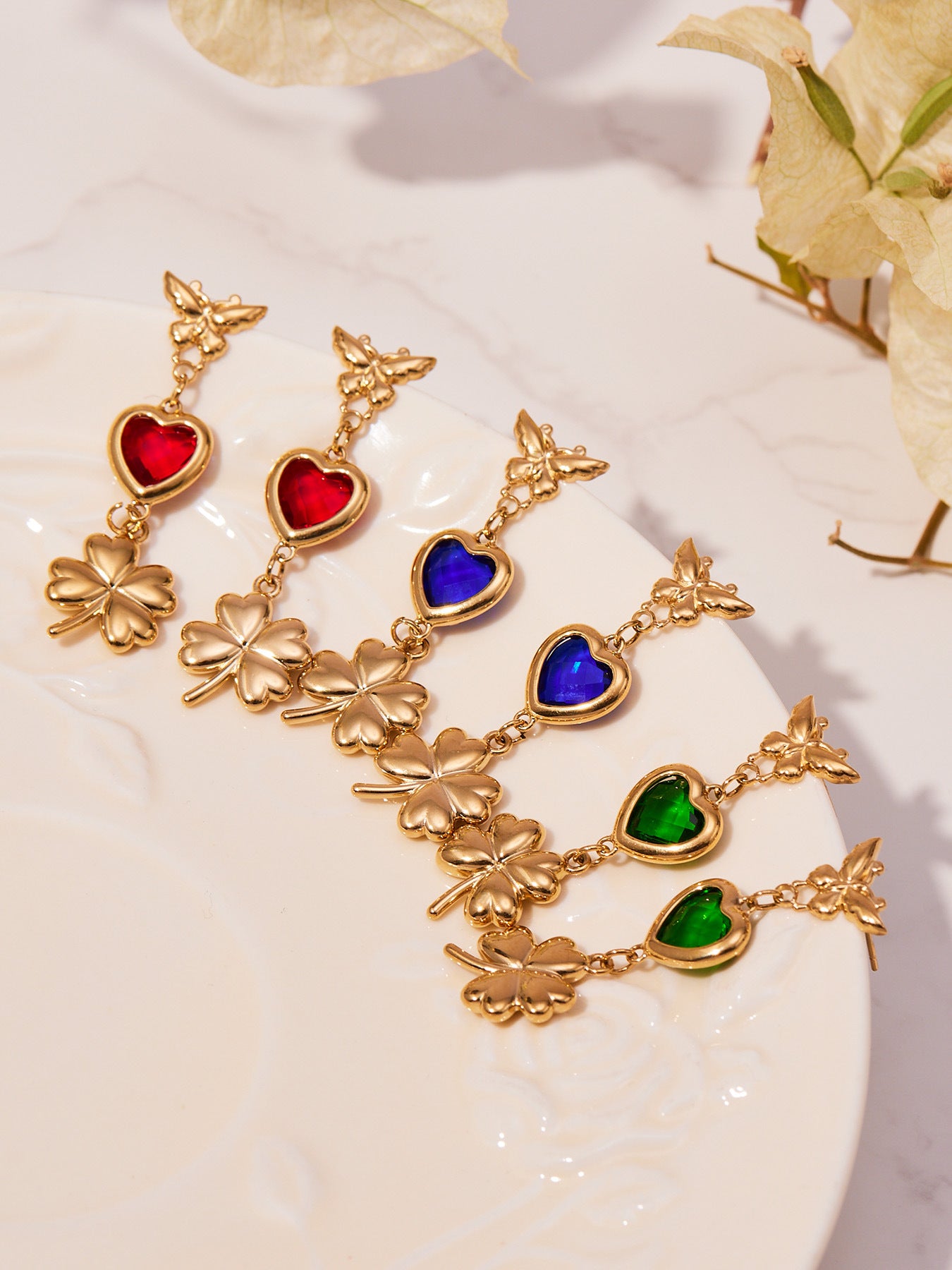 3D Butterfly & Clover Dangle Earrings with Heart Cubic Zirconia | Fashion Drop Earrings Set